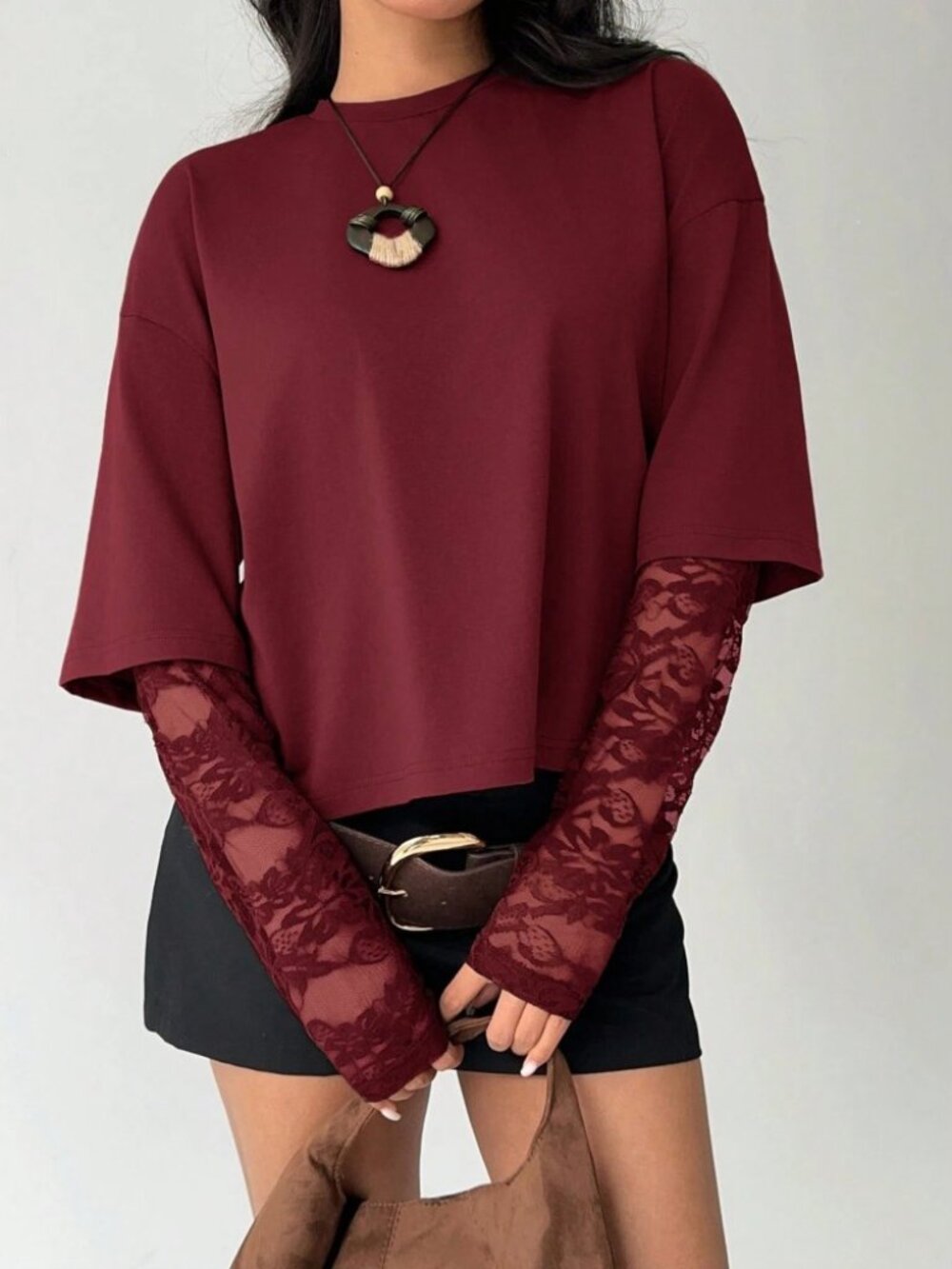 Burgundy Lace Sleeve Faux Layered Top